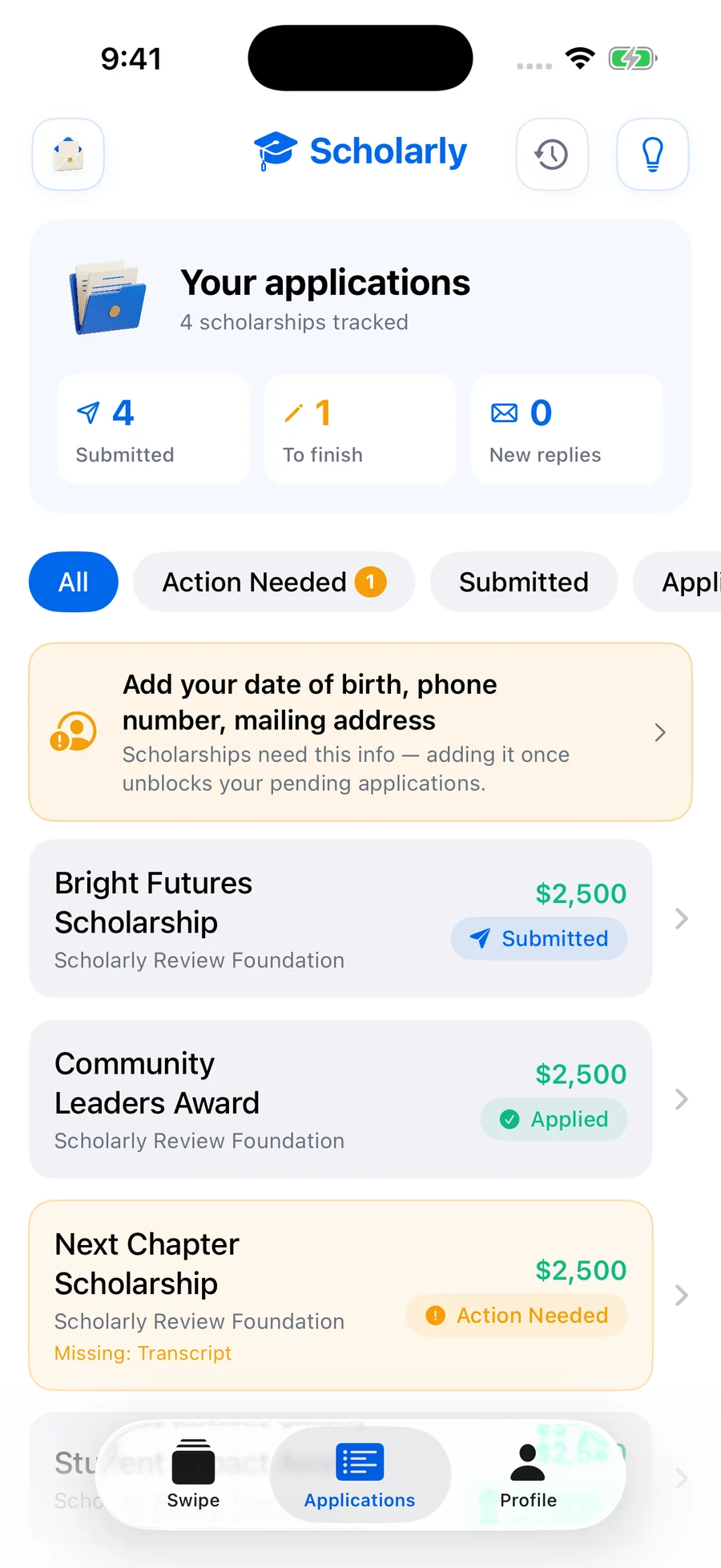 Your applications list with submitted, applied and action-needed statuses