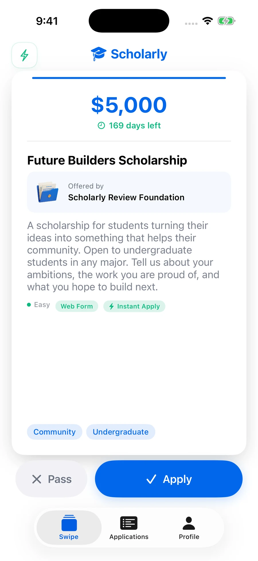 The Scholarly swipe screen with a $5,000 scholarship and Pass and Apply buttons